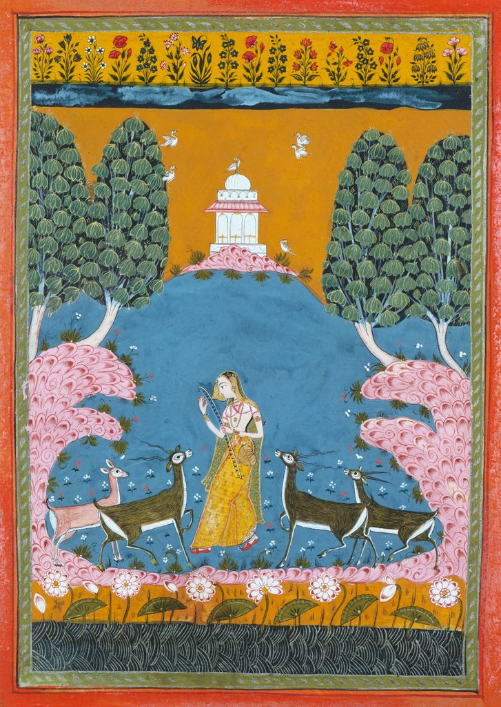 Detail of Lady by a stream playing the Vina to four deer. Rajasthan, India, 1680 by Unknown