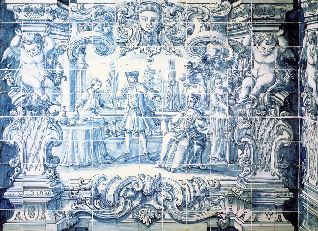 Detail of Tile Panel of an outdoor courtyard scene. Lisbon, Portugal, 18th century by Unknown