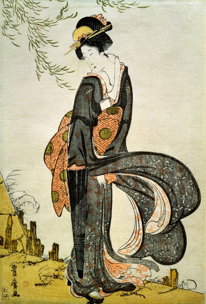 Detail of A Beauty Bothered by the Wind under a Willow by Utagawa Toyohiro