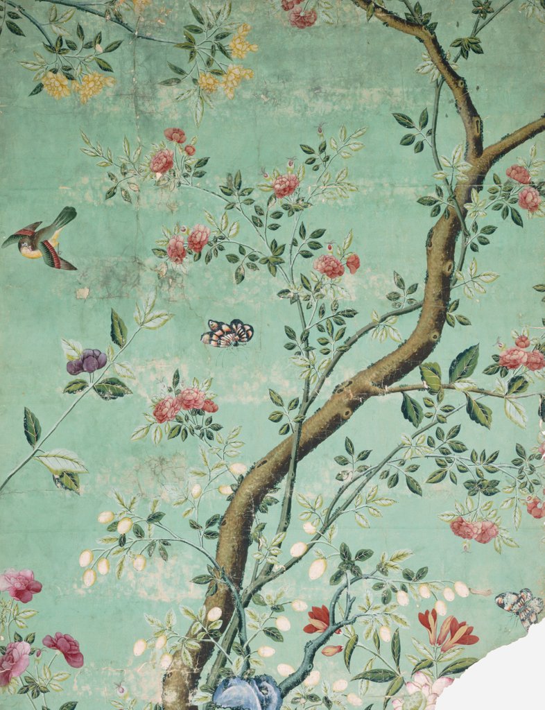 Detail of Wallpaper with flowering shrubs and fruit bees by unknown