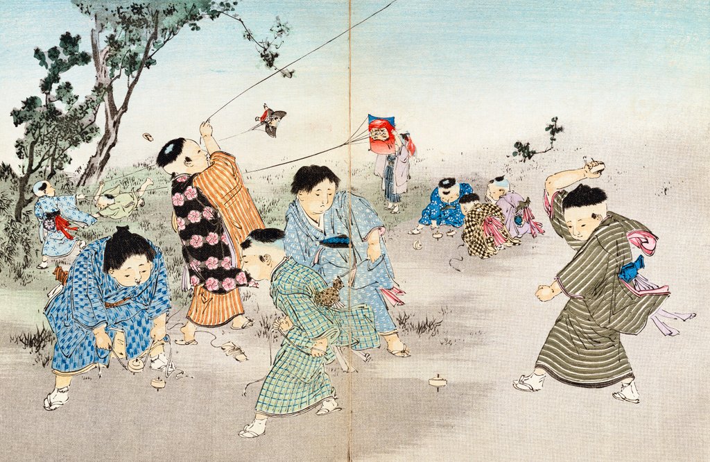 Detail of Boys playing with spinning tops & flying kites. Tokyo, Japan, 20th century by Anonymous