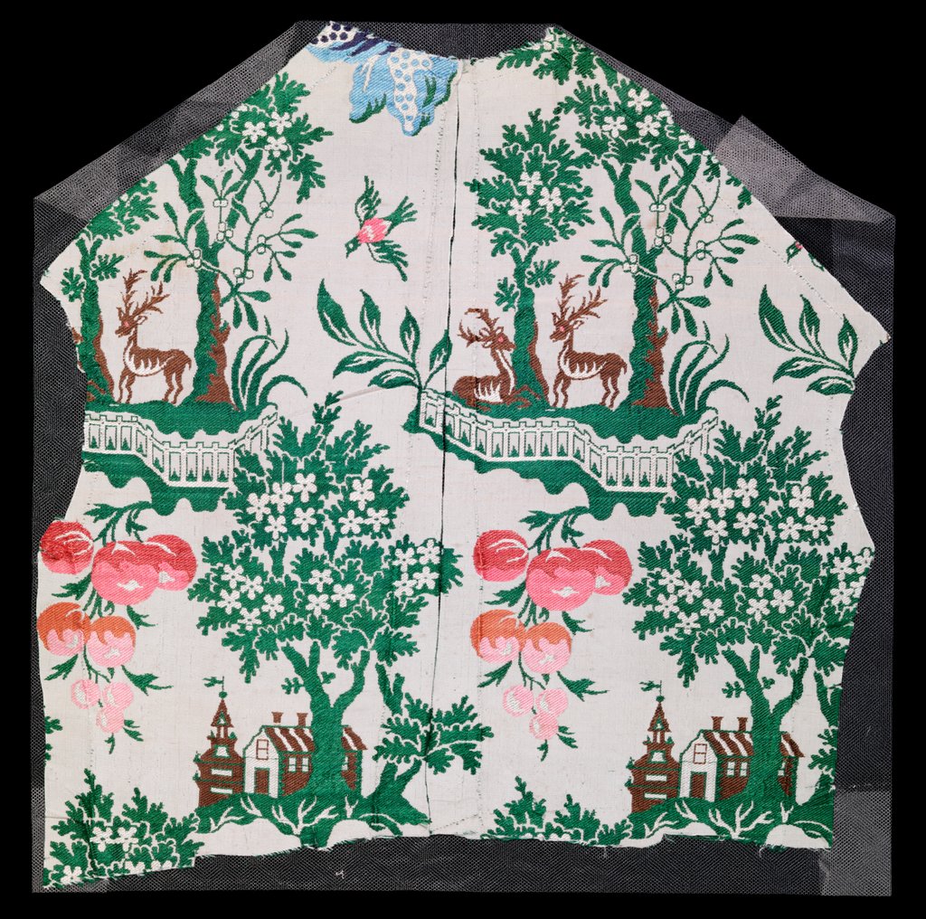 Detail of Dress fabric with deer, trees, house and grapes motifs by Unknown