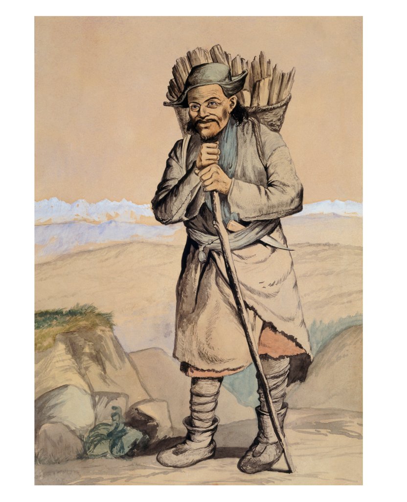 Detail of Bhotiya villager from Spituk carrying a basket of wood by R. Clint