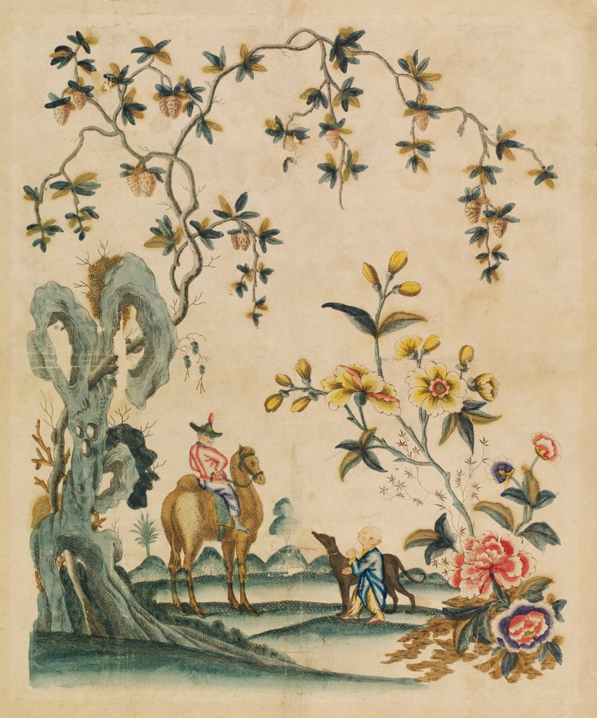 Detail of Portion of wallpaper depicting a man on a camel and a boy with a greyhound by Unknown