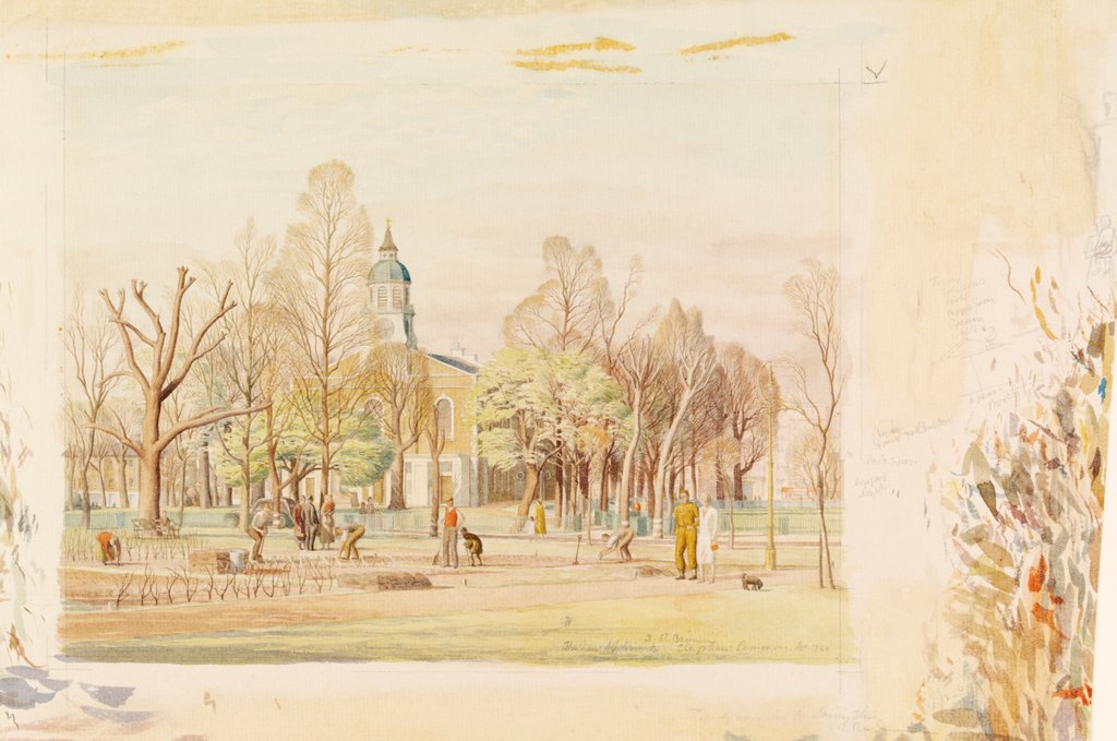 Detail of Holy Trinity Church and the new Allotments, Clapham Common, London by Stanley Roy Badmin