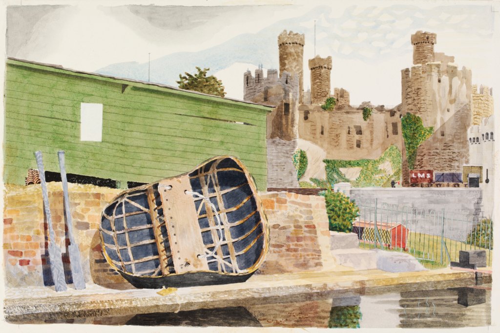 Detail of Conway Castle and Coracle, Caernarvonshire by Kenneth Rowntree
