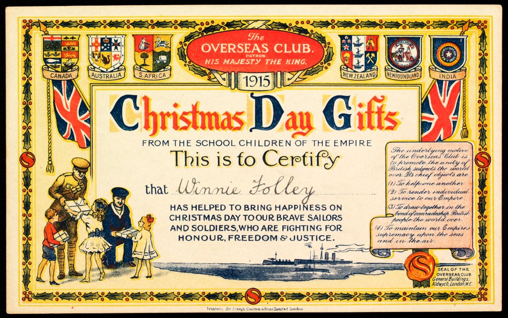 Detail of Christmas Day Gifts Certificate issued by the Overseas Club by Unknown