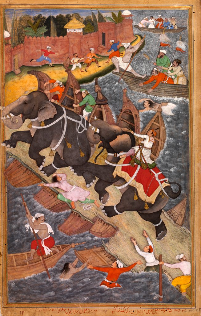 Detail of Akbar's adventures with the elephant Hawai by Basawan