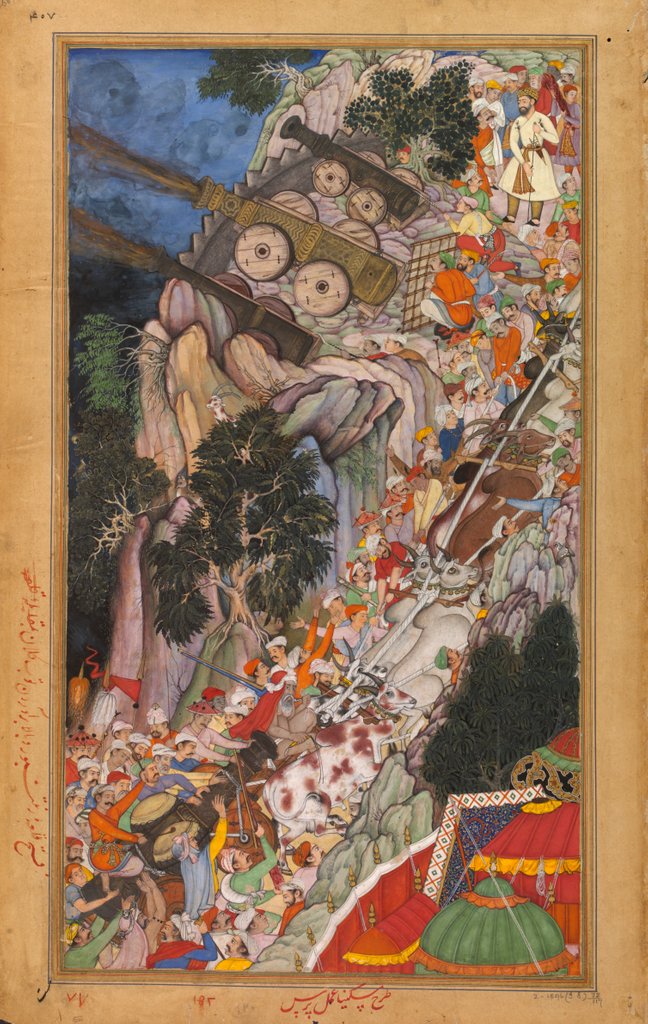 Detail of Bullocks dragging siege-guns up hill during Akbar's attack on Ranthambhor Fort by Miskina