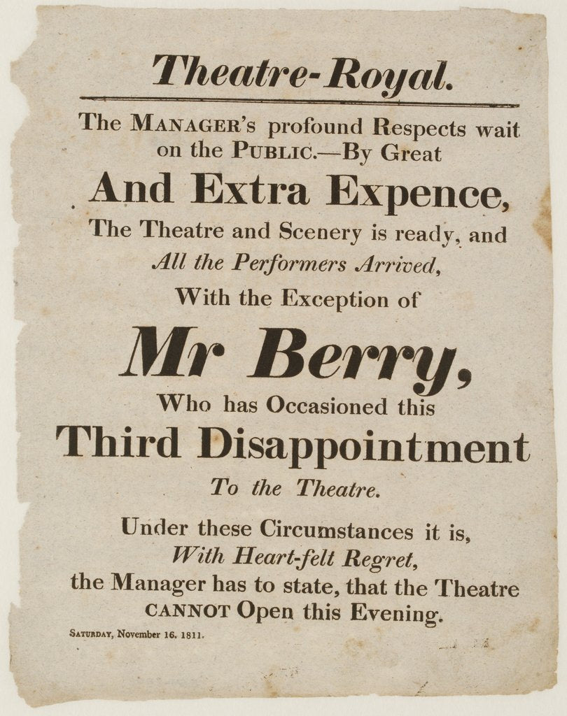 Detail of Playbill for the Theatre Royal by Unknown