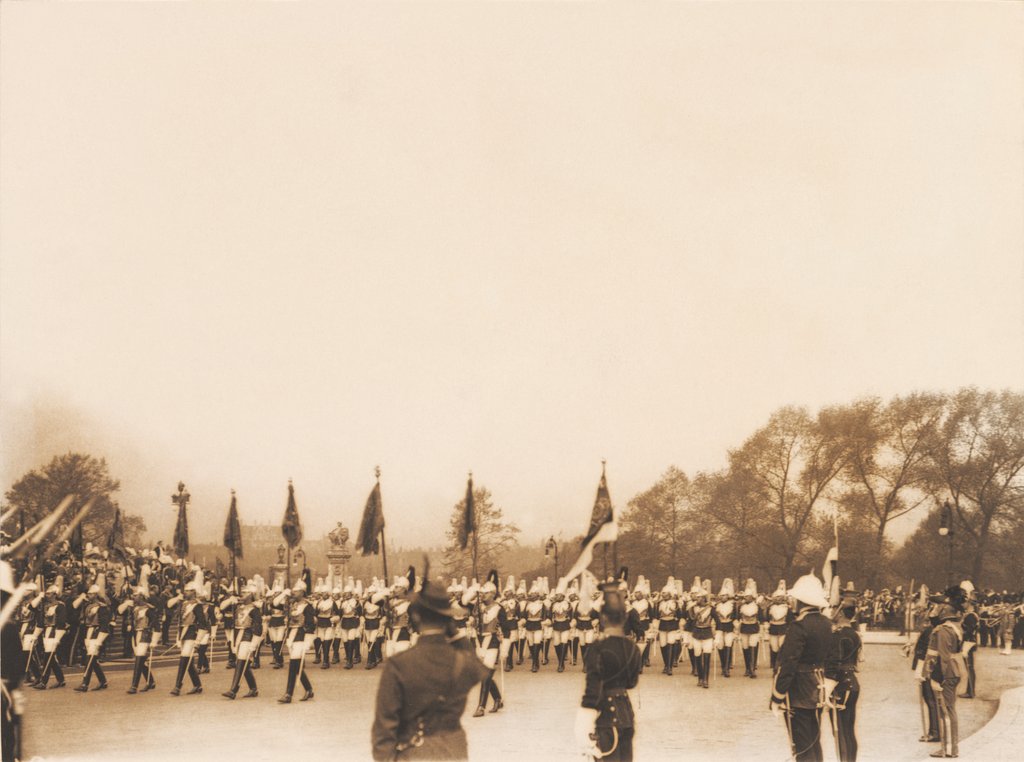 Detail of A march past of the First Life Guards at the unveiling ceremony of the Queen Victoria Memorial by Benjamin Stone