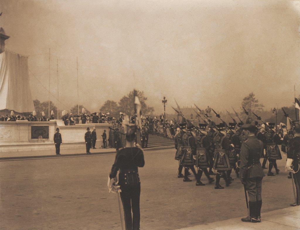Detail of A march past by Yeoman Warders at the unveiling ceremony of the Queen Victoria Memorial by Benjamin Stone
