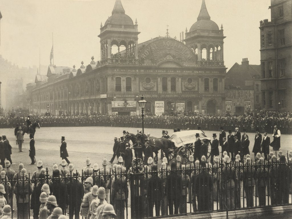 Detail of Mourners and a horse's carriage transporting The Right Hon. W E Gladstone's coffin at Westminster Abbey by S.B. Bolas
