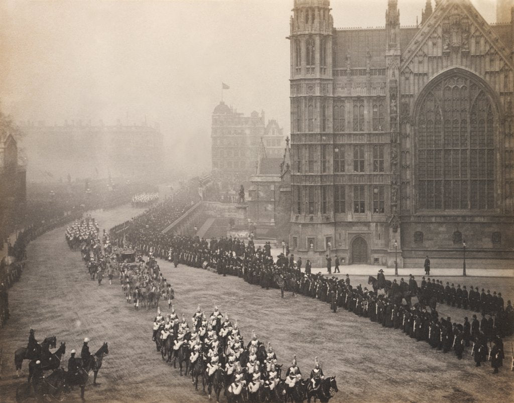Detail of Procession of King Edward VII past Westminster Cathedral to his first State Opening of Parliament by S J Beckett