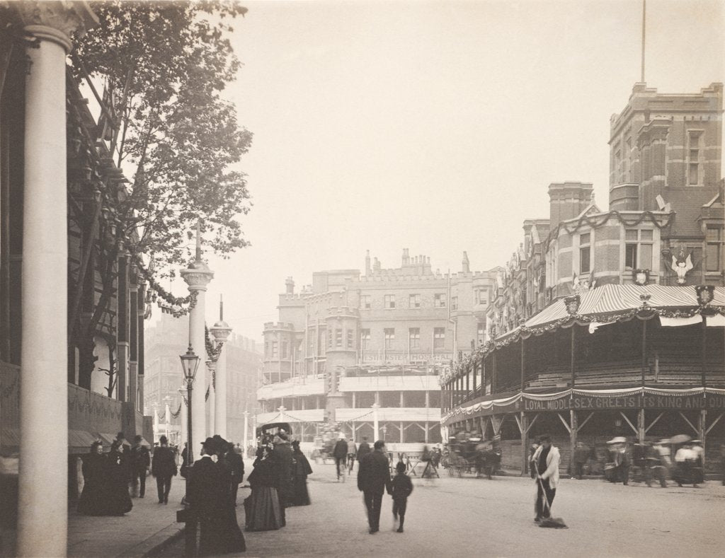 Detail of Street scene with coronation stands and street decorations in Westminster erected for the Coronation of King Edward VII by Benjamin Stone
