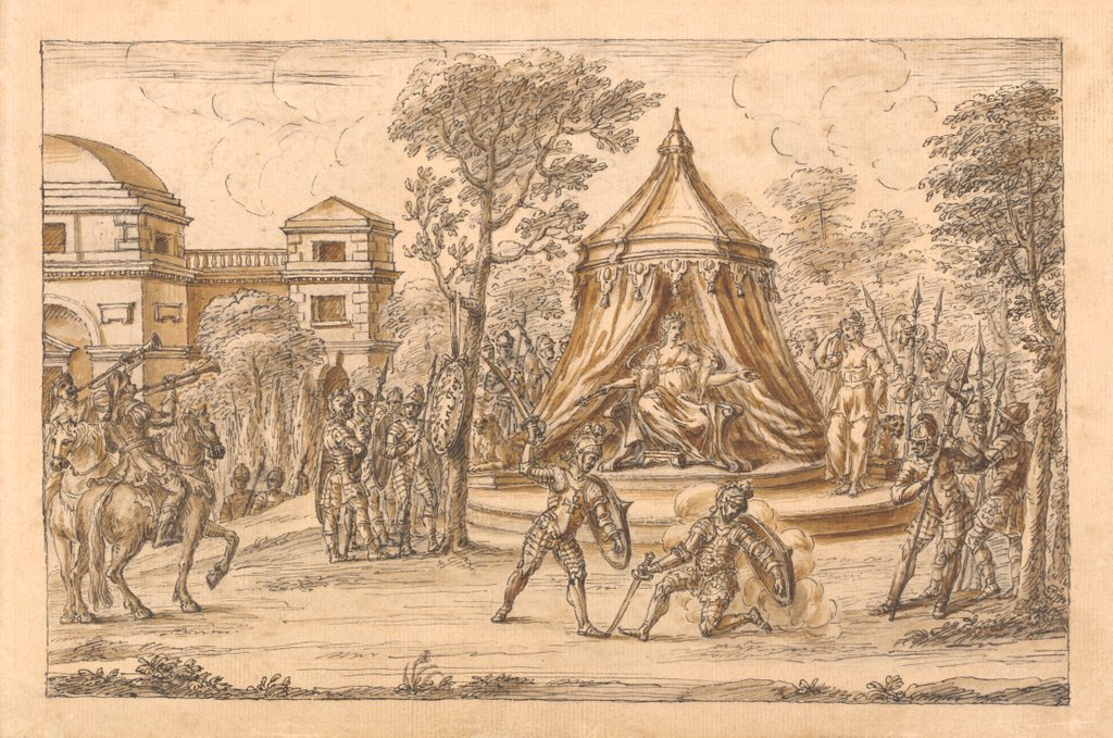 Detail of The Redcross knight subdues Sans Foy the Sarazin, who is saved by Duessa by William Kent