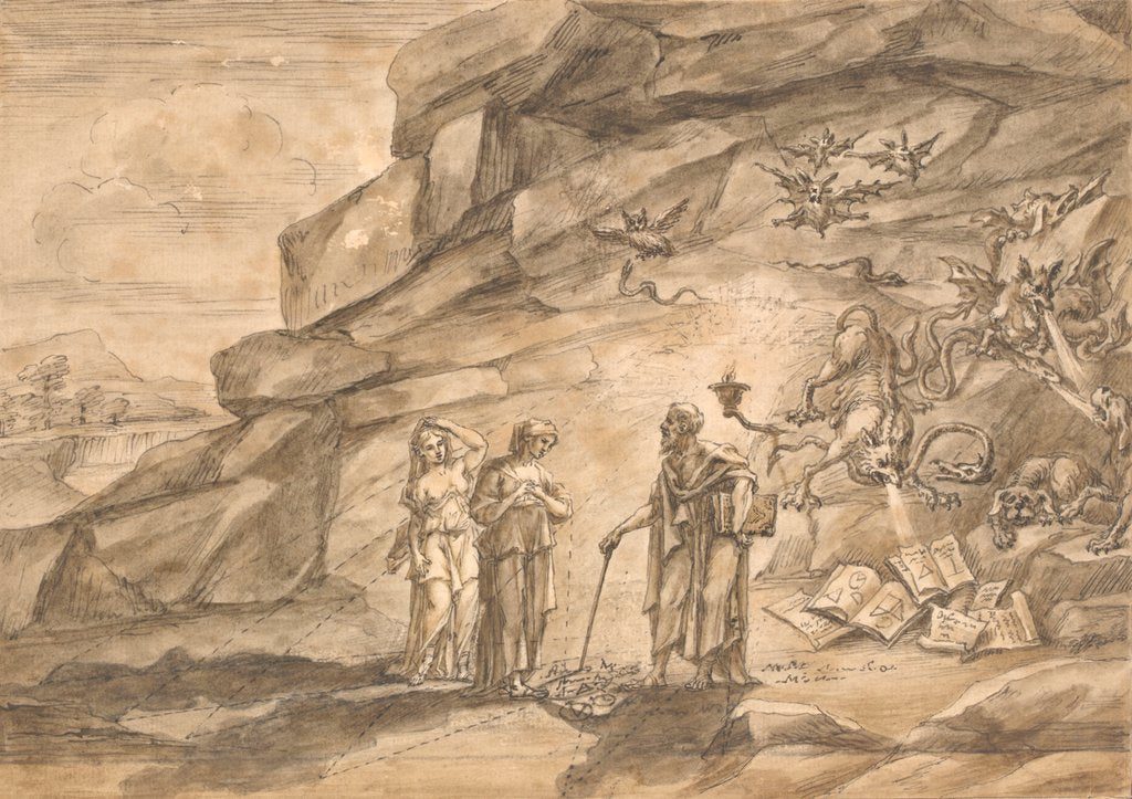 Detail of Britomart with her nurse consulting Merlin by William Kent