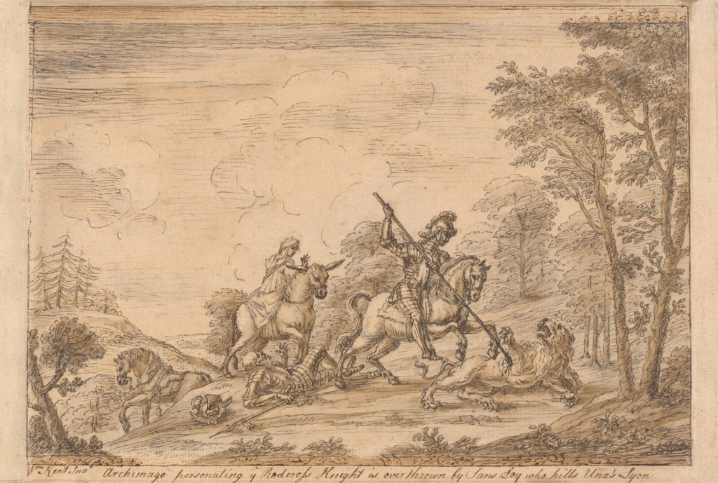Detail of Archimago personating the Redcross knight is overthrown by Sans Loy who kills Unas Trusty Lyon by William Kent