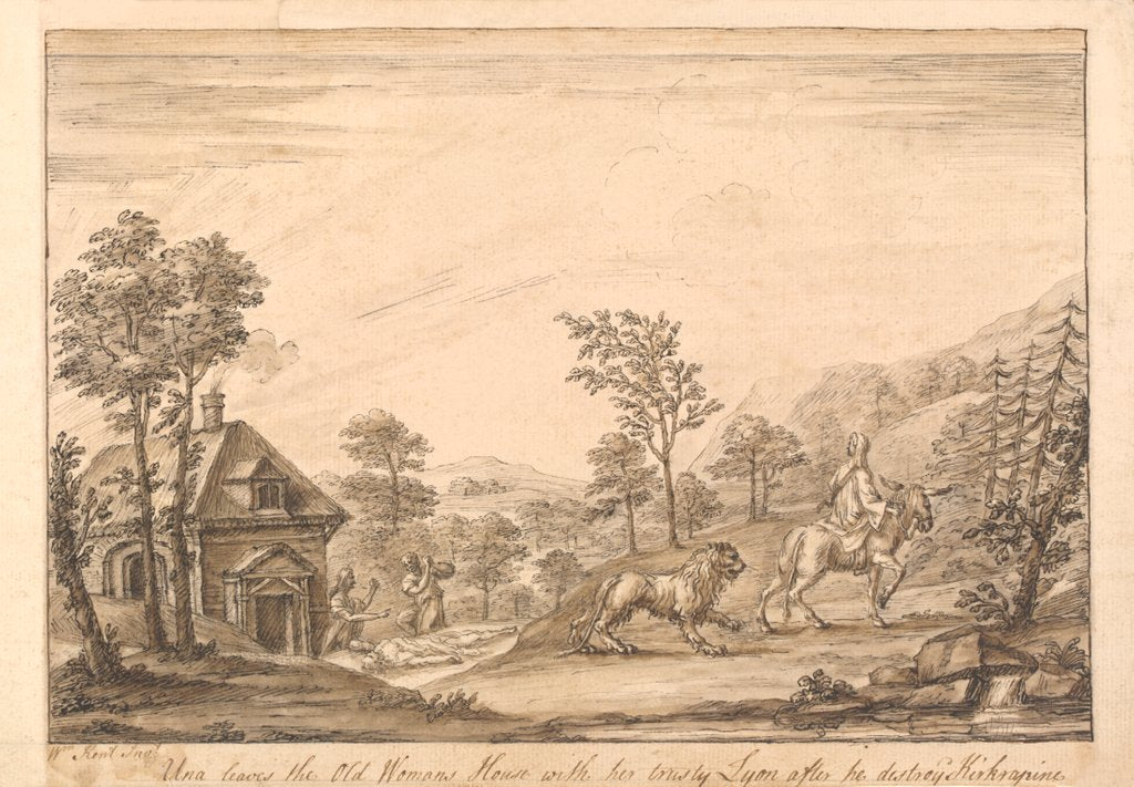 Detail of Una's escape from the Old Womans House with her Lyon, after his killing Kirkrapine by William Kent