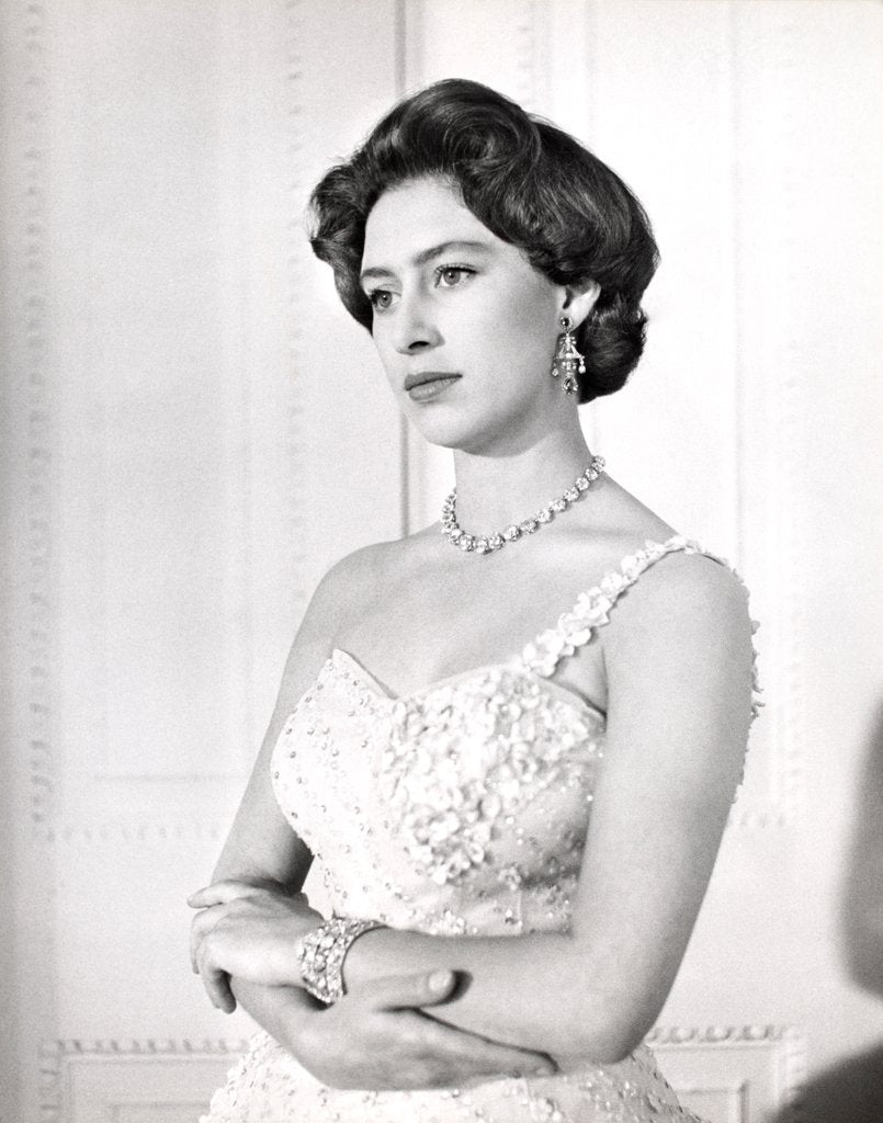 Detail of Princess Margaret in a formal one-shouldered evening dress by Cecil Beaton