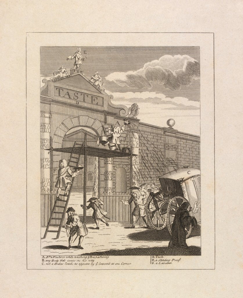 Detail of Etching depicting William Kent on top of the gate flanked by Raphael and Michelangelo by William Hogarth