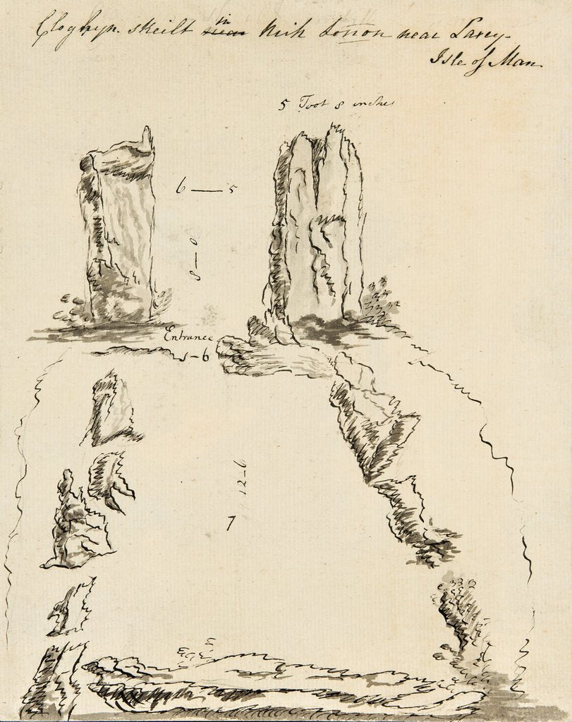 Detail of Pencil Drawing of 'Cloghyn Skeilt in Kirk Lonon near Laxey Isle of Man' (Cloven Stones) by Unknown