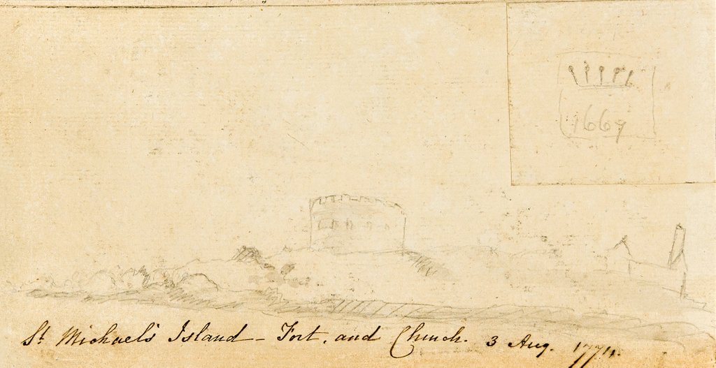 Detail of Pencil Drawing of 'St Michael's Island - Fort and Church' by Unknown