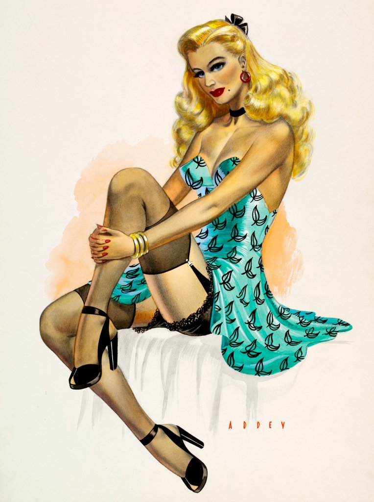 Detail of Pin-up girl seated on a bed in stockings and slip by Wilfrid R. Addey