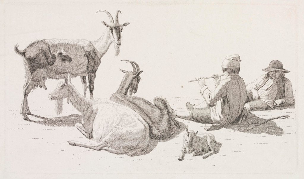 Detail of Goat herd and two men by Johan Jakob Biedermann