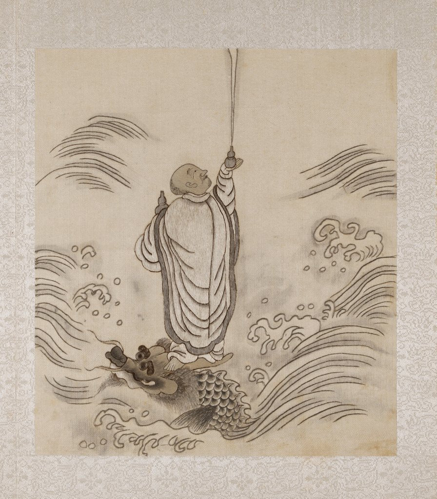 Detail of Lohan on the back of a dragon holding a pair of gourd vases by Unknown