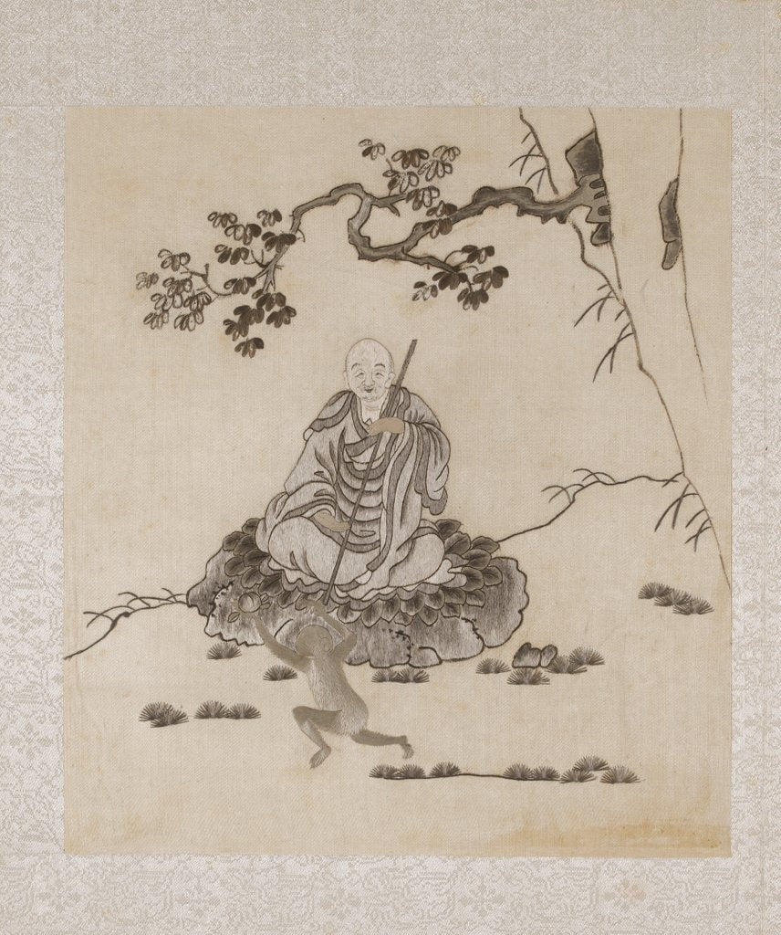 Detail of Lohan seated on a rock with a monkey running in front of him by Unknown