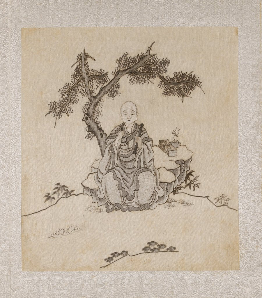 Detail of Lohan seated on a rock and holding a bell and a vadra by Unknown