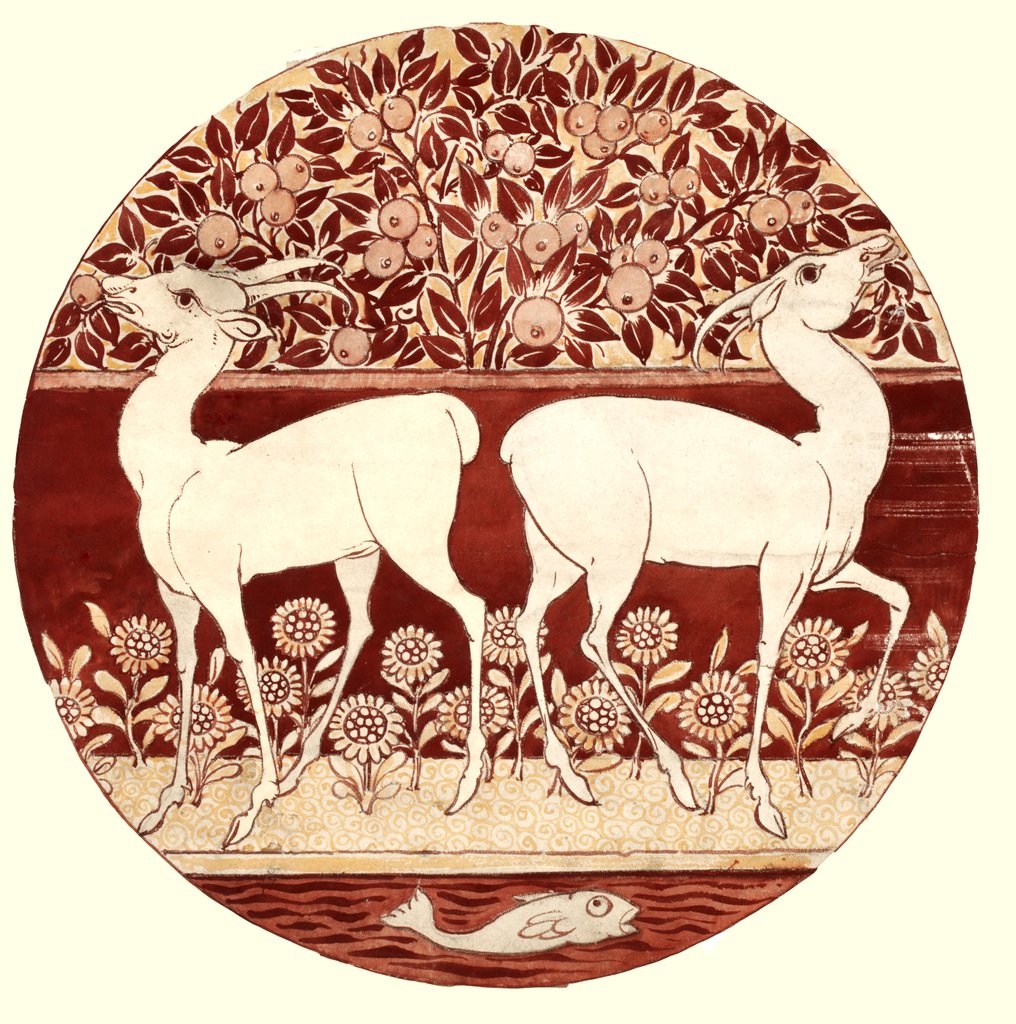Detail of Circular dish design showing two deer, a fruit tree, a fish, and flowers by William Frend De Morgan