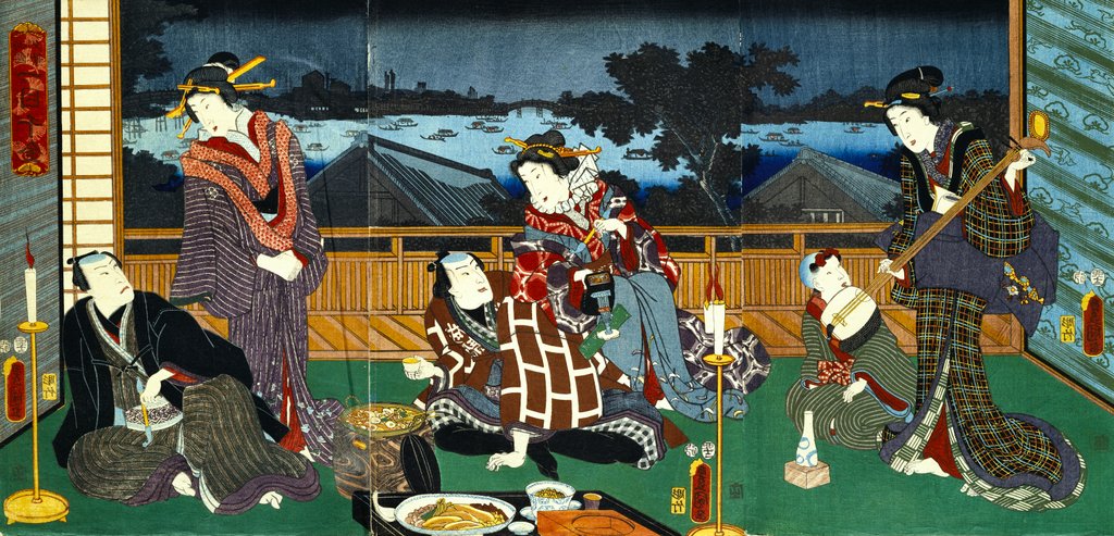 Detail of Ryogoku Yukei:Hitome Senkin, an Actor of The  Narikoma Acting House, Relaxing with Courtesans by Utagawa Kunisada