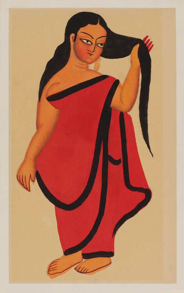 Detail of Courtesan in sari holding her long dark hair by Kali Charan Ghosh