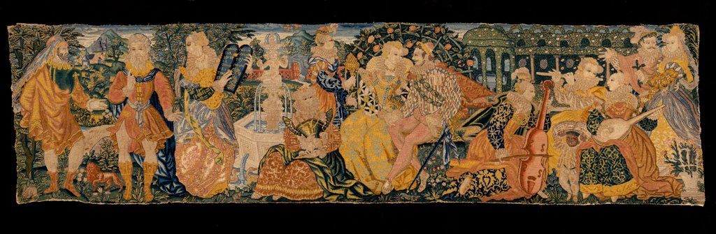 Detail of Valance with well dressed figures in an outdoor setting by Unknown