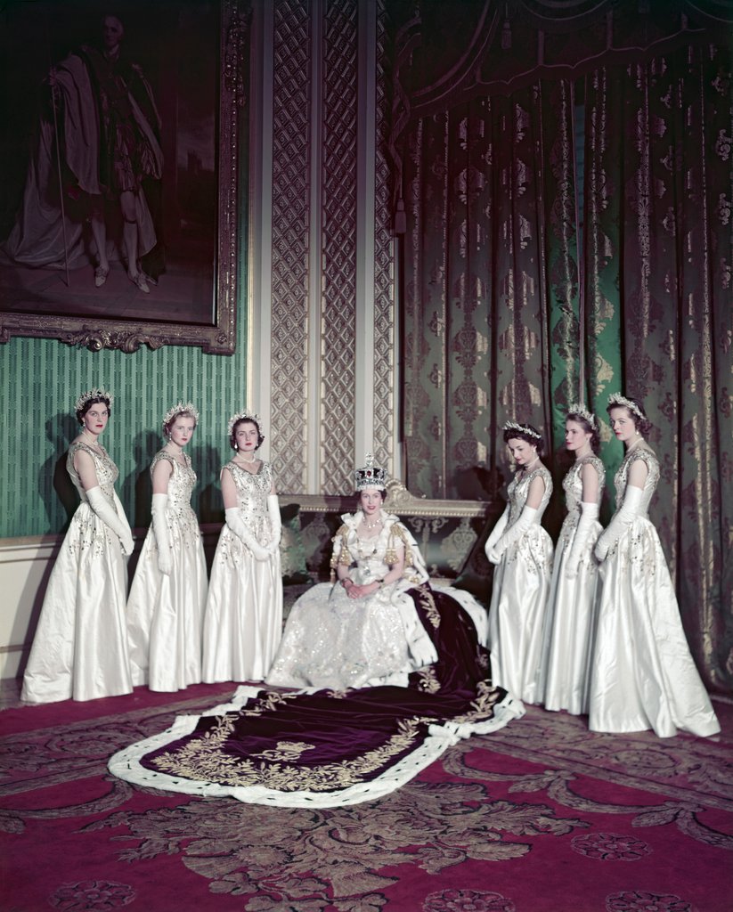 Detail of Queen Elizabeth II with six Maids of Honour on Coronation day by Cecil Beaton