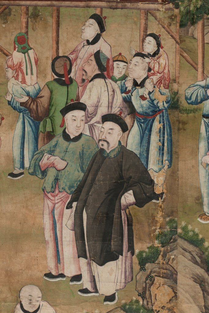 Detail of Panel of Chinese wallpaper depicting a theatrical performance, detail by unknown
