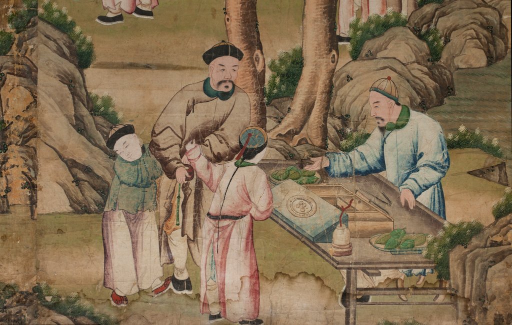 Detail of Panel of Chinese wallpaper depicting a theatrical performance, detail by unknown