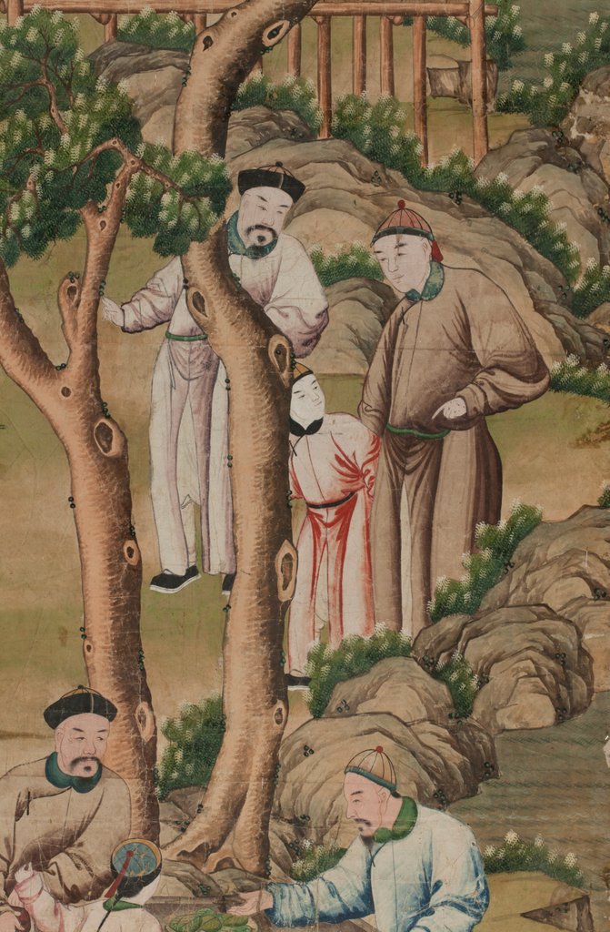 Detail of Panel of Chinese wallpaper depicting a theatrical performance, detail by unknown