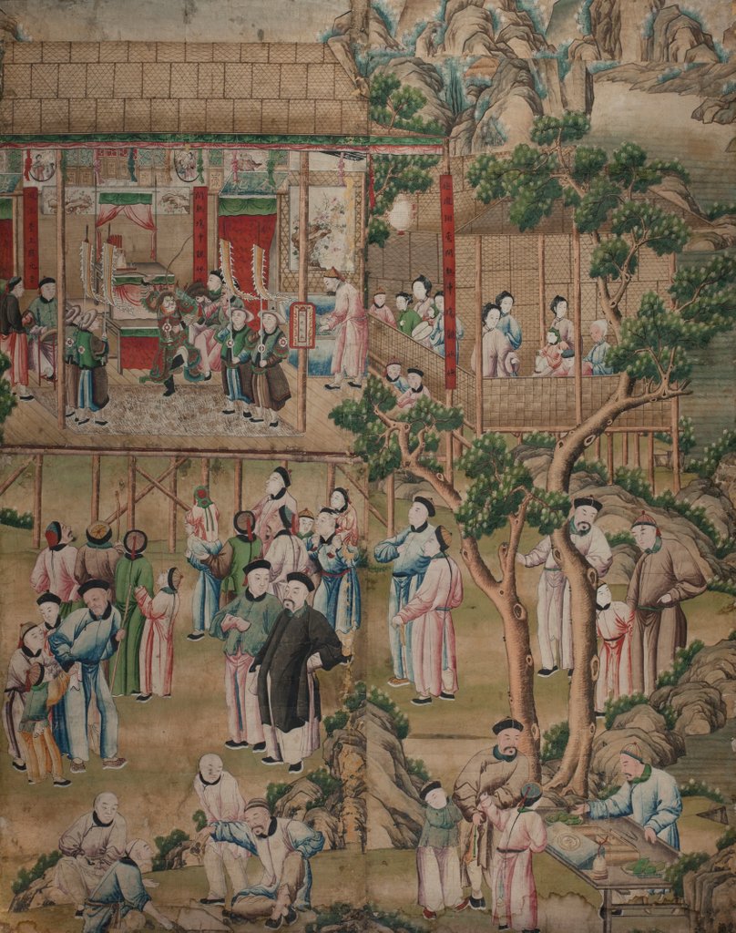 Detail of Panel of Chinese wallpaper depicting a theatrical performance by unknown