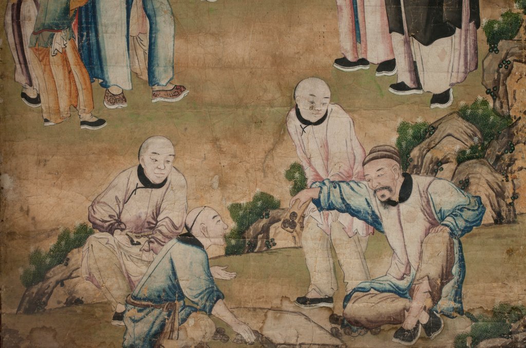 Detail of Panel of Chinese wallpaper depicting a theatrical performance, detail by unknown