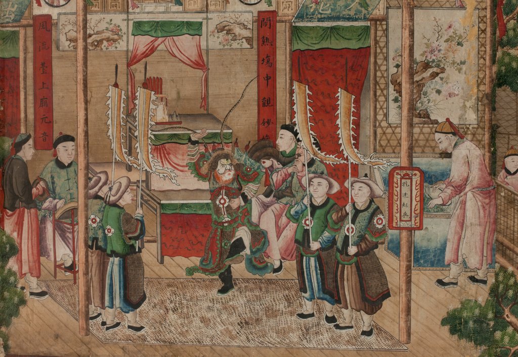 Detail of Panel of Chinese wallpaper depicting a theatrical performance, detail by unknown