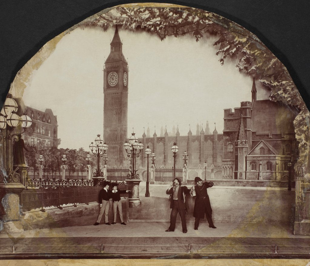 Detail of April scene set showing the Palace of Westminster from the play All the Year Round at the Alhambra Theatre by London Stereoscopic Company