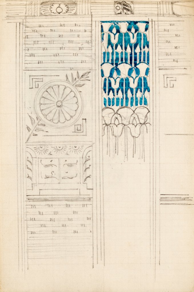 Detail of Page from a sketchbook containing designs for textiles, wall-papers and various decorative motifs by Edward Willaim Godwin