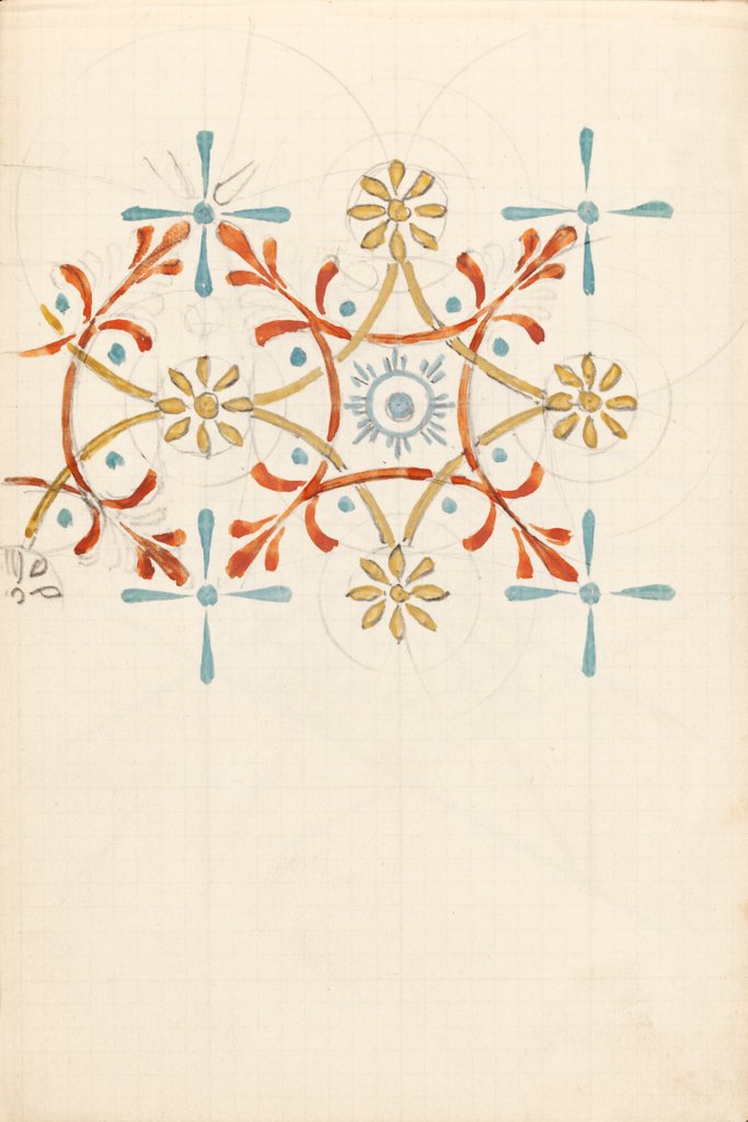 Detail of Page from a sketchbook containing designs for textiles, wall-papers and various decorative motifs by Edward Willaim Godwin