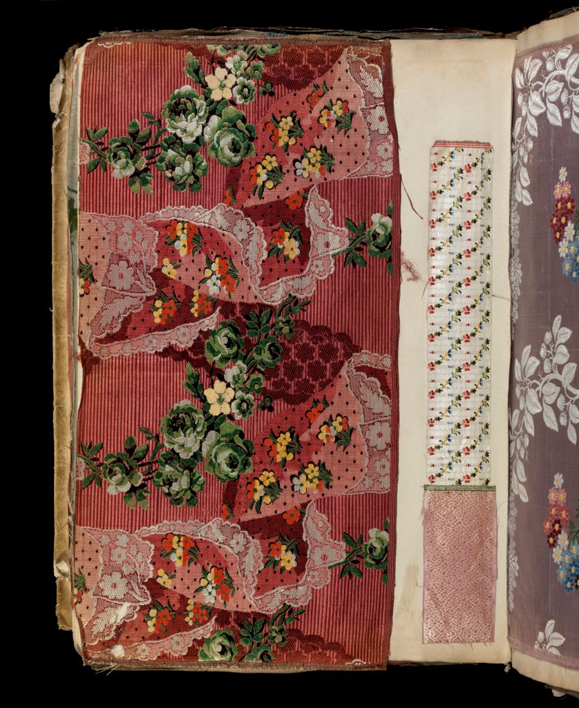 Detail of Sample of dress silk with scrolling flowers around lace handkerchiefs by Unknown