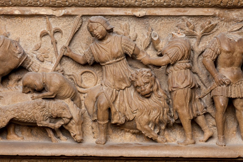 Detail of Detail of a fireplace with carved hunting scenes by Anonymous