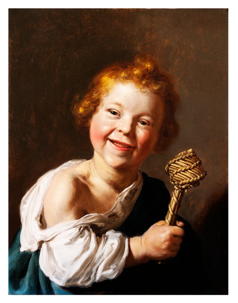 Detail of A laughing child holding a wicker rattle by Jan de Bray