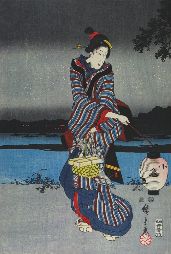 Detail of Young woman admiring cherry blossom at night, detail of triptych by Utagawa Hiroshige